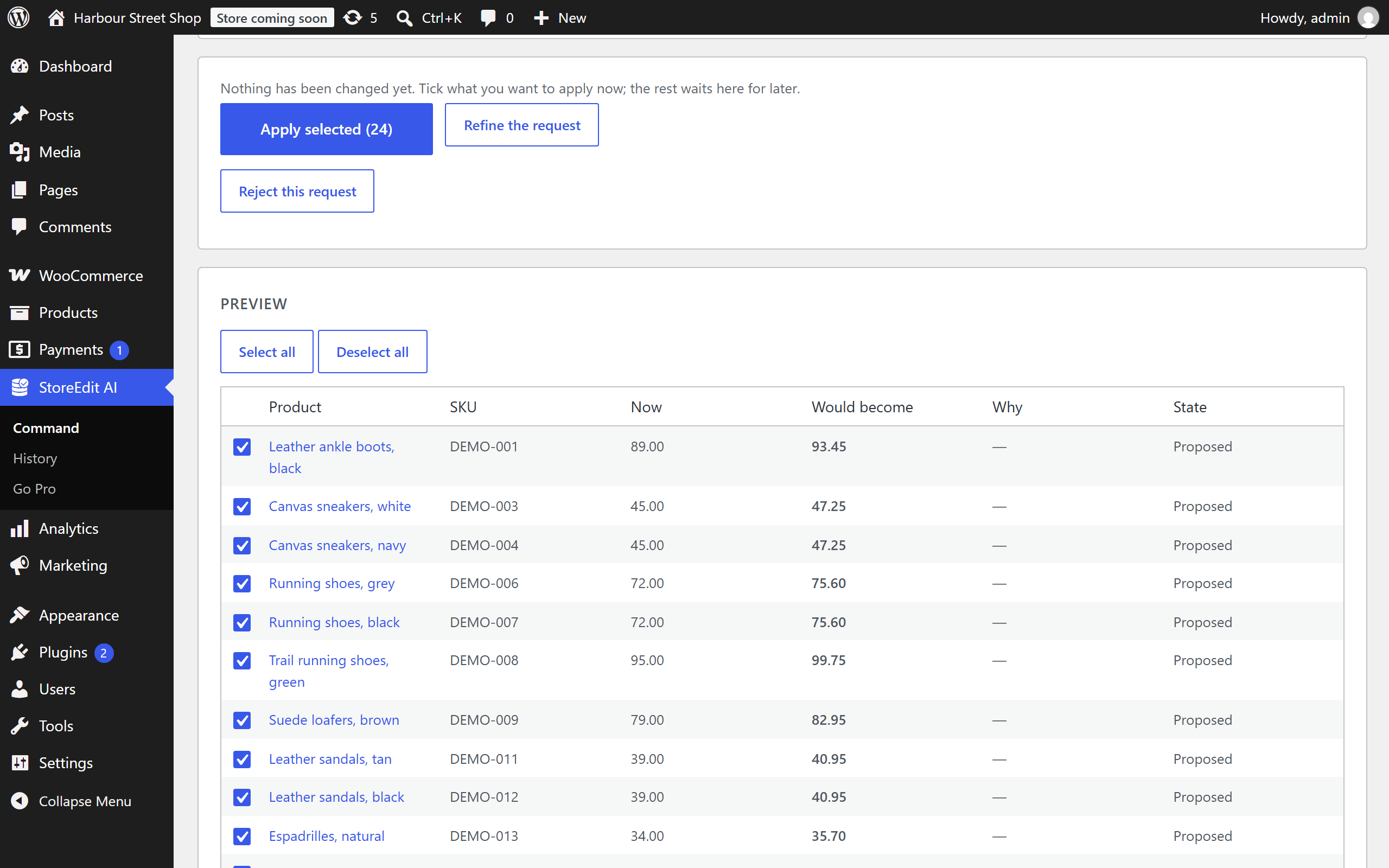 The StoreEdit AI preview in WordPress admin: 24 shoes, each with its regular price now and the price it would become, a tick box on every row, and the button Apply selected (24).